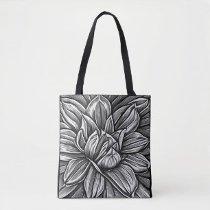 Tote Bag Motif de fleurs Peony géant en noir et blanc