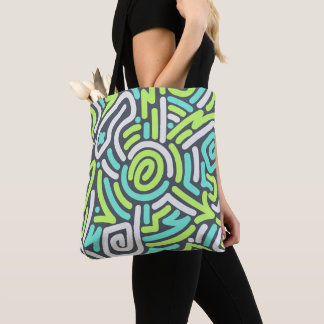Tote Bag Motif de labyrinthe ondulé néon vert et cyan