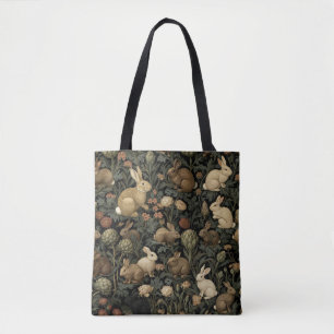 Tote Bag Motif de lapin de forêt vintage foncé botanique
