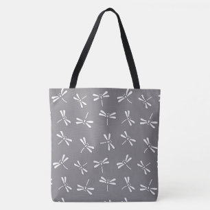 Tote Bag Motif de libellule, gris japonais/gris et blanc