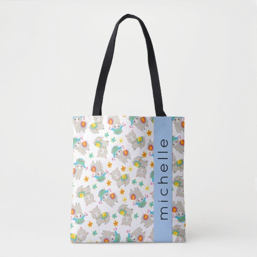 Tote Bag Motif De Llamas, Alpacas, Fleurs, Votre Nom (Devant)