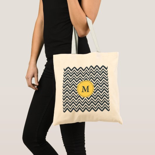 Tote Bag Motif de monogramme de charbon, blanc et jaune (Devant (produit))