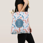 Tote Bag Motif de monogramme marin bleu corail (De près)