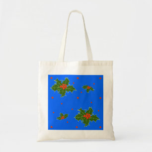 Tote Bag Motif de Noël de houx (Ilex) sur fond bleu festif