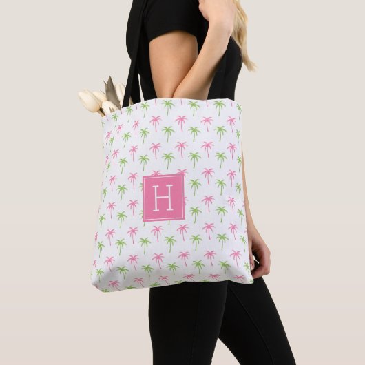 Tote Bag Motif de palmiers roses et verts (De près)