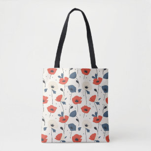 Tote Bag Motif de Poppies d'aquarelle - Rouge, Bleu et Blan