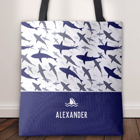 Tote Bag Motif de requin bleu et blanc avec nom Boy
