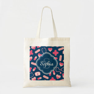Tote Bag Motif de soins infirmiers rose et bleu avec Monogr