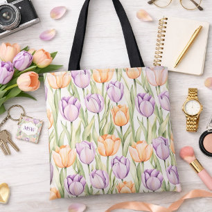 Tote Bag Motif de tulipes pastel pêche violet Floral printa
