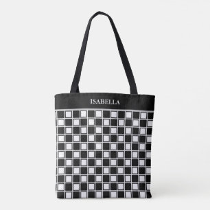 Tote Bag Motif d'échecs noir blanc chic et calligraphie