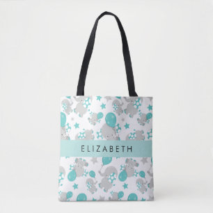 Tote Bag Motif D'Eléphants, Eléphants Mignons, Votre Nom