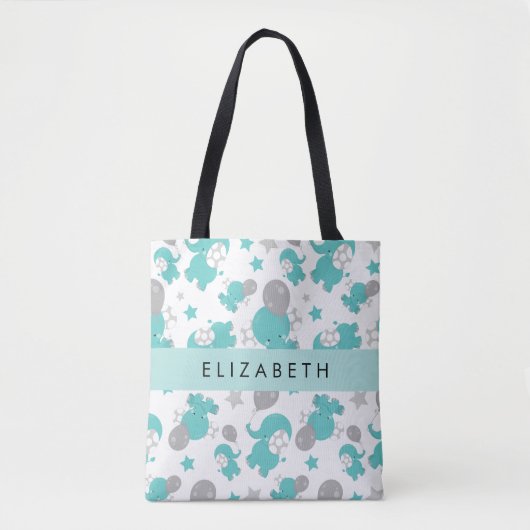 Tote Bag Motif Des Eléphants Bleus, Étoiles, Votre Nom (Devant)