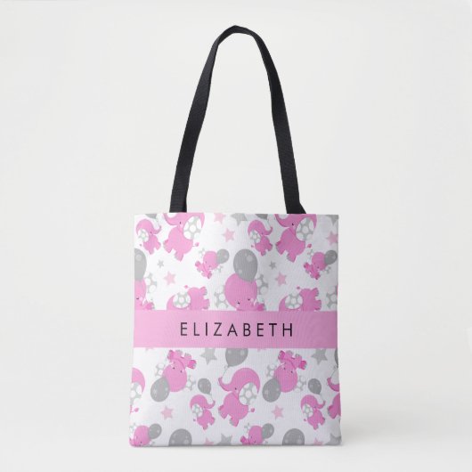 Tote Bag Motif Des Eléphants Roses, Étoiles, Votre Nom (Devant)