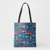 Tote Bag Motif des voitures de circulation sur bleu (Devant)