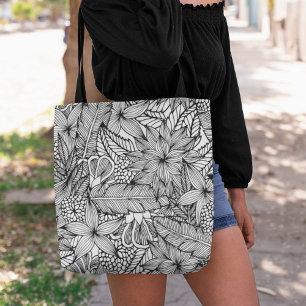 Tote Bag Motif d'évasion tropicale noir et blanc