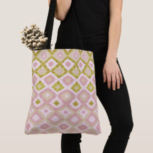 Tote Bag Motif diamant géométrique en rose et vert olive
