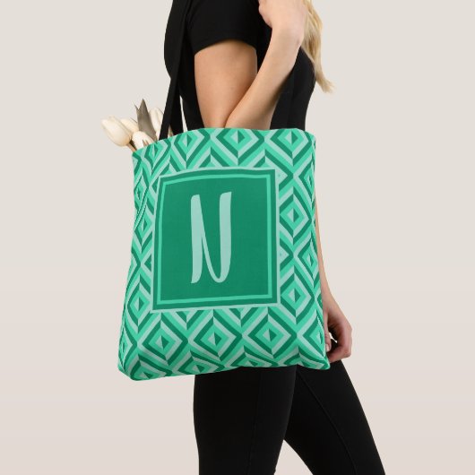 Tote Bag Motif diamant trois tons vert Monogramme (De près)