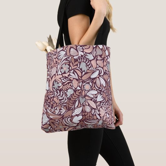 Tote Bag Motif d'illustrations florales de Bourgogne rose (De près)