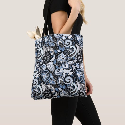 Tote Bag Motif d'impression blanc et bleu (De près)