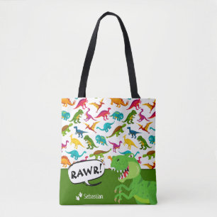 Tote Bag Motif Dinosaure coloré avec le nom T-Rex Green