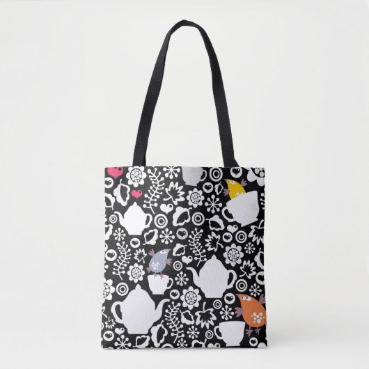 Tote Bag Motif d'oiseaux et de tasses (Devant)