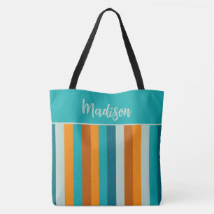 Tote Bag Motif en bande gaie Aqua Orange Personnalisé