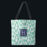 Tote Bag Motif Feuille vert et Monogramme bleu<br><div class="desc">Des rayures élégantes et chic et un design monogramme dans des couleurs tendance et à la mode.</div>