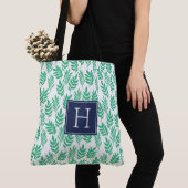 Tote Bag Motif Feuille vert et Monogramme bleu (De près)