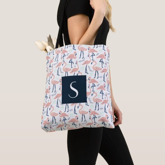 Tote Bag Motif Flamingo rose Monogramme mignon (De près)