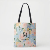 Tote Bag Motif fleur bleu rose monogramme chic (Devant)