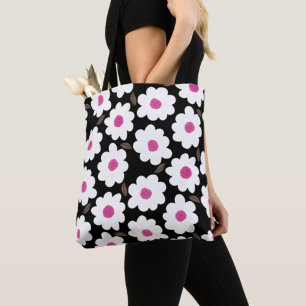 Tote Bag Motif Fleur rétro en blanc sur noir