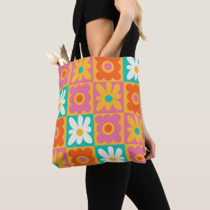 Tote Bag Motif floral à carreaux groovy rétro des années 70