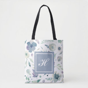 Tote Bag Motif floral aquarelle bleu violet à monogramme