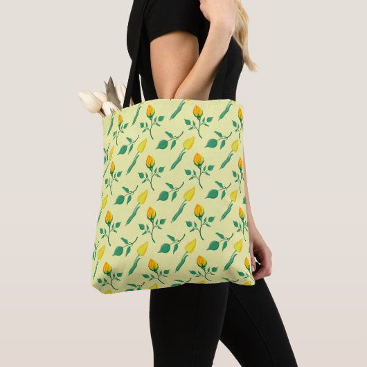 Tote Bag Motif floral avec rose jaune et fleurs de tulipe (De près)