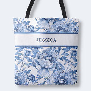Tote Bag Motif floral bleu élégant Fleurs botaniques mignon