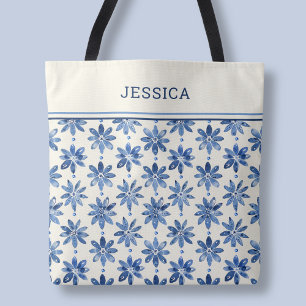 Tote Bag Motif Floral Bleu Moderne Élégant et Stylé Nom
