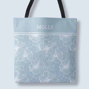Tote Bag Motif Floral Bleu Moderne Élégant Nom Personnalisé