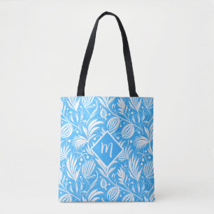 Tote Bag Motif floral bleu tropical avec monogramme diamant