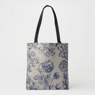 Tote Bag Motif Floral Botanique Toile Bleue Vintage Antique