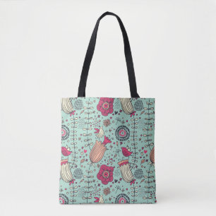 Tote Bag Motif floral de bande dessinée avec des oiseaux