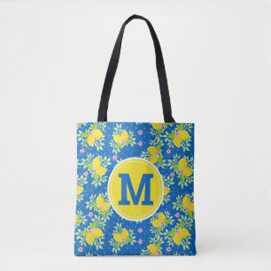Tote Bag Motif floral de citrons bleus et jaunes ensoleillé