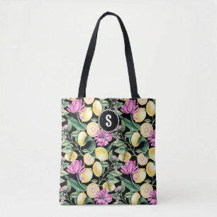 Tote Bag Motif floral de citrons et de tulipes Monogramme