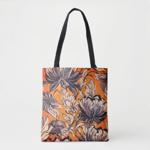 Tote Bag Motif floral élégant noir et blanc sur fond doré m
