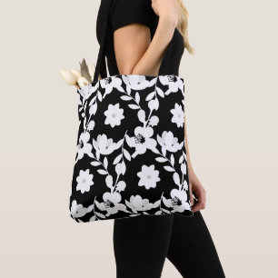 Tote Bag motif floral noir et blanc avec perles