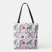 Tote Bag Motif floral nordique de poney en gris et en rouge (Dos)