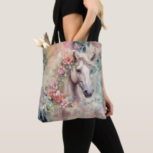 Tote Bag Motif floral rose et gris Tête de cheval blanc