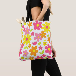 Tote Bag Motif floral rose et jaune rétro d'été lumineux