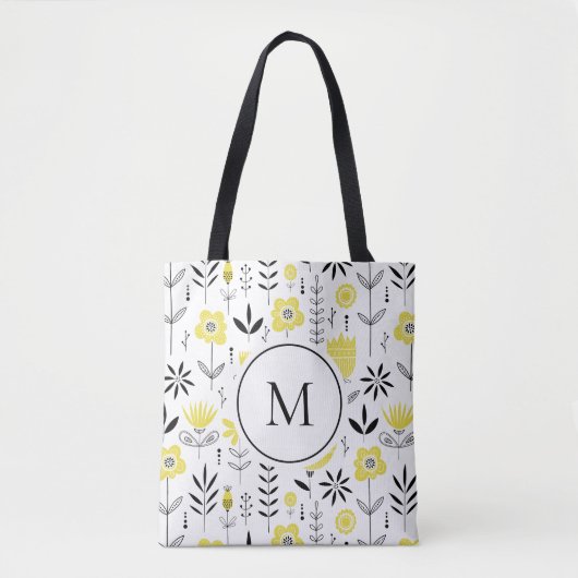 Tote Bag Motif floral scandinave jaune Monogramme (Devant)
