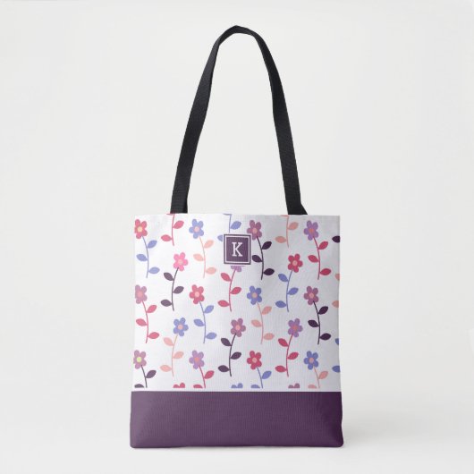 Tote Bag Motif floral violet avec monogramme (Devant)