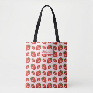 Tote Bag Motif Fraise Rouge Sur Rose Avec Texte Personnalis